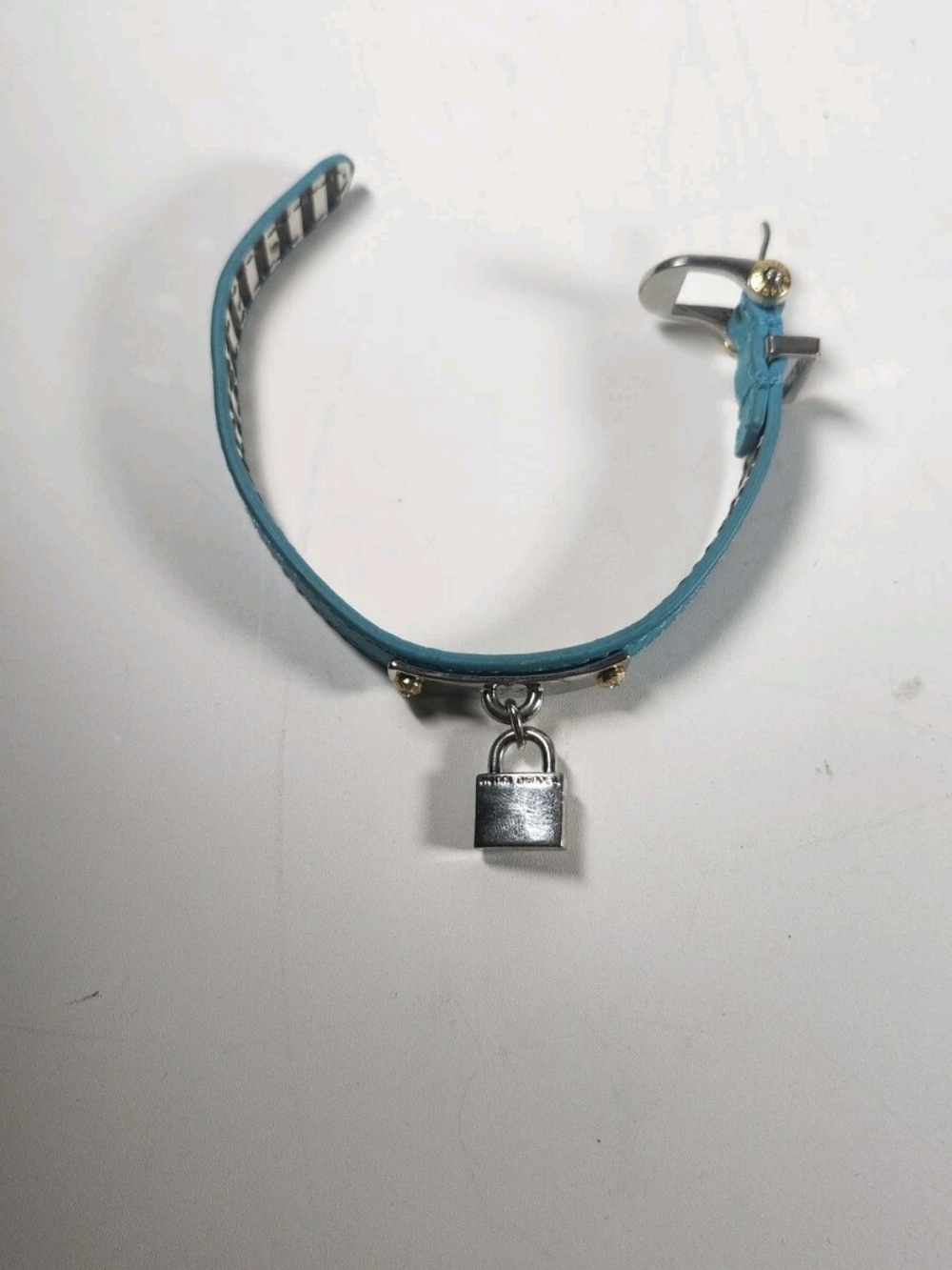 Henri Bendel Vintage Silver Tone Leather Lock Logo Bracelet Turquoise Blue - Picture 14 of 16